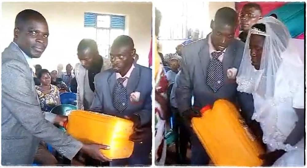 Bride and groom get an empty jerrycan as a wedding gift.