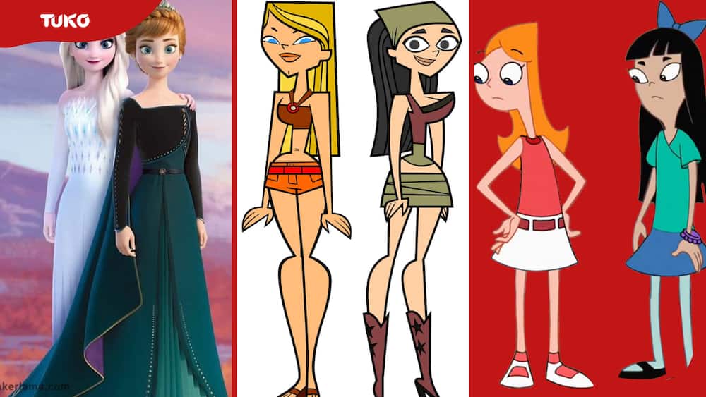 Female icon cartoon duos Elsa and Anna, Lindsay and Heather, Candace and Stacy
