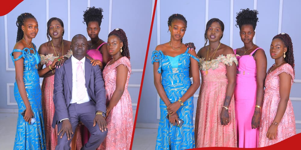 Left: John Goch Ajak sits surrounded by his four wives.
Right: Ajak's wives pose for a group photo.