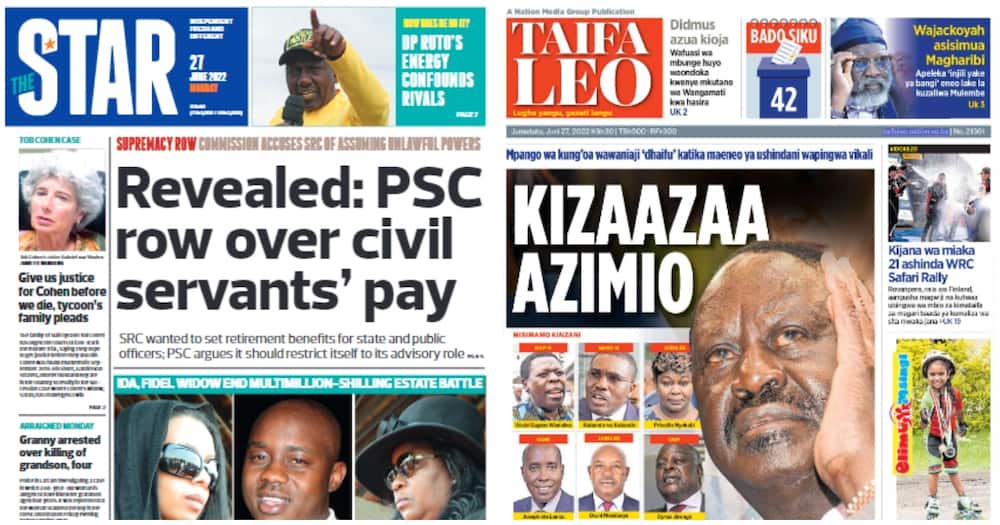 Kenyan newspapers review for june 27: The Star, Taifa Leo, Daily Nation, People Daily, The Standard
