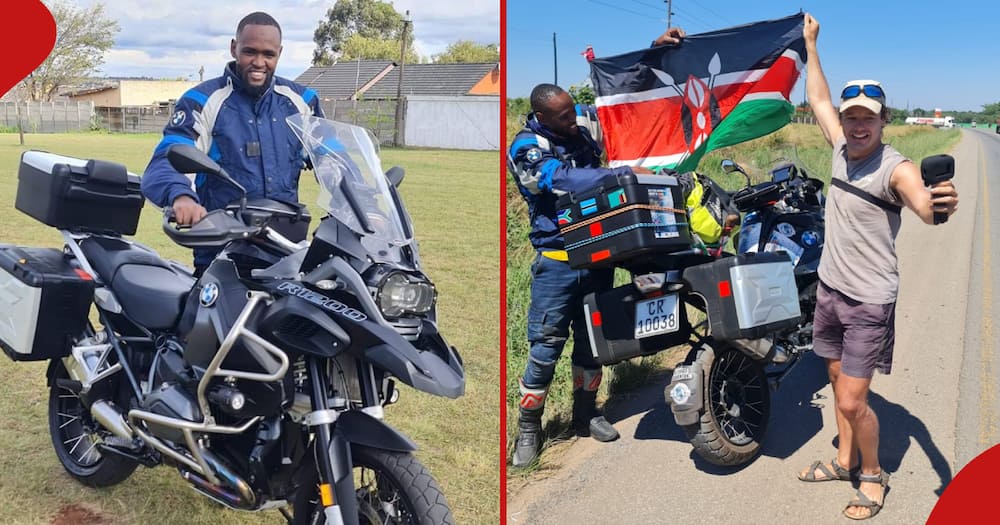 Waqho Hassan Boru with his black motor cycle (l), next frame shows him waving the Kenyan flag with a friend.