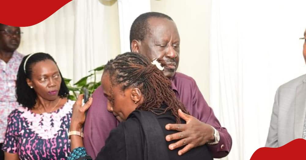 Raila Odinga hugs Francis Ogolla's widow, Martha Karua looks to the side.