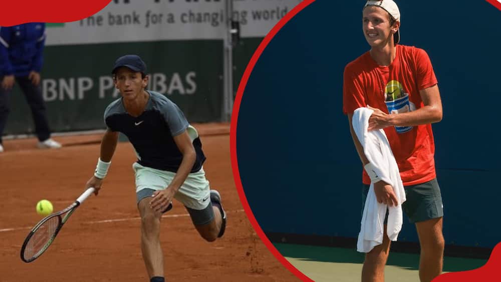 Mary Jo Fernandez's son, Nicholas Godsick playing tennis (L). Nicholas poses for a picture in a red T-shirt (R)