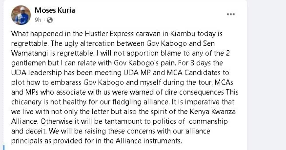 Moses Kuria's Facebook post.