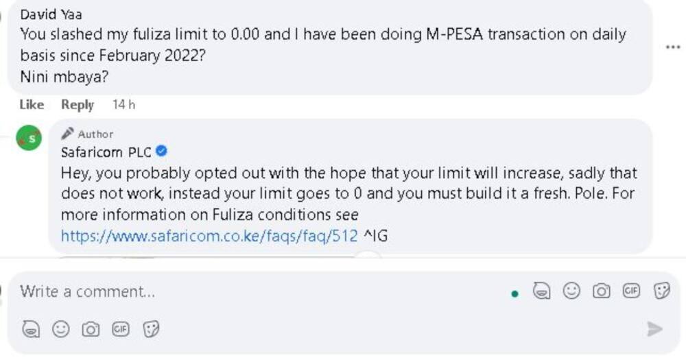 Safaricom explained Fuliza limit is affected by unpaid loans and other factors.
