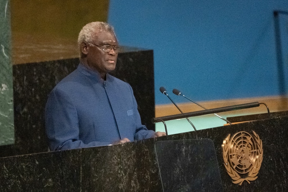 Solomon Islands Prime Minister Manasseh Sogavare addresses the 77th session of the United Nations General Assembly