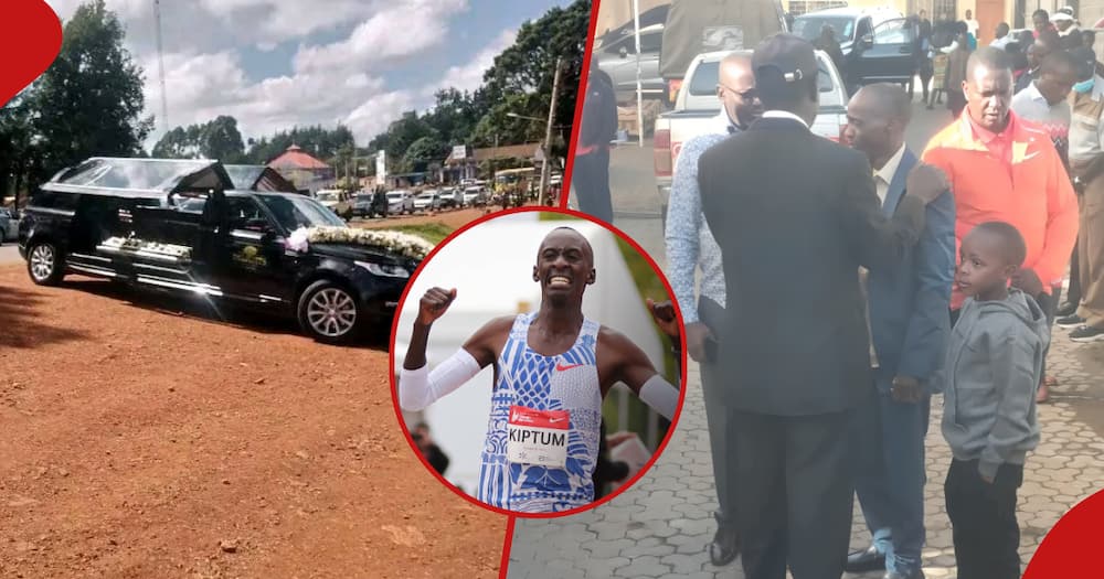 Limousine that carried Kelvin Kiptum in first frame, his father and other relatives in second frame and later marathoner inset.