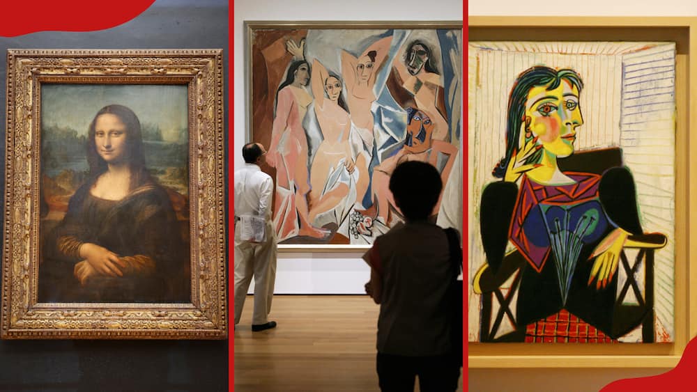 famous paintings of women: Mona Lisa (L), Les Demoiselles d'Avignon (C) and Portrait of Dora Maar (R)