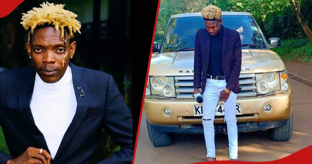 Fred Omondi pictured in both frames posing for photos.