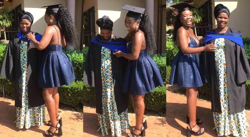 Photos of a lady celebrating with her mother after graduating from university.