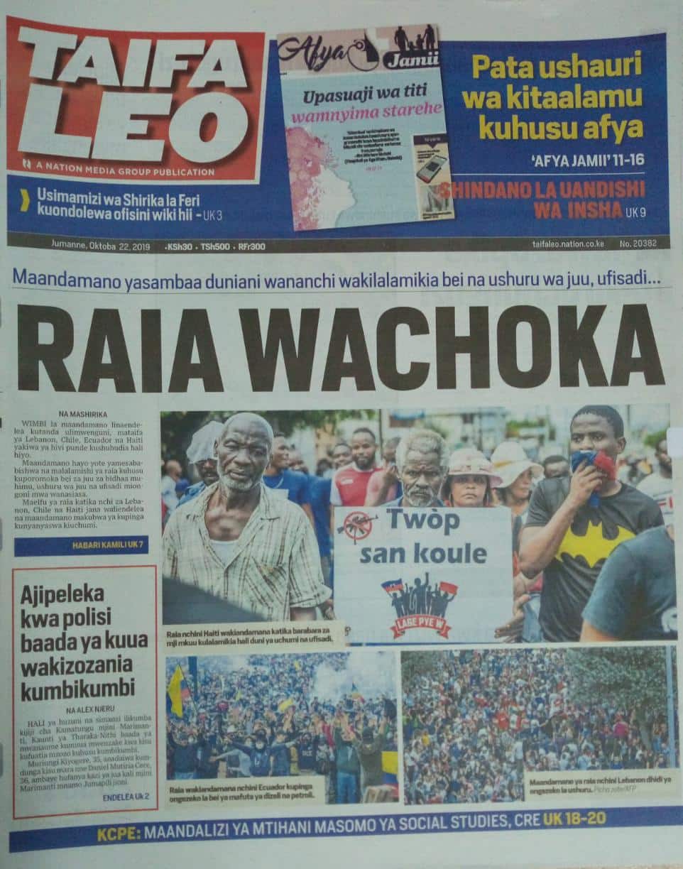 Kenyan newspapers review for October 22: Governor Joho broke protocol by inviting Raila Odinga to speak during Mashujaa Day fete