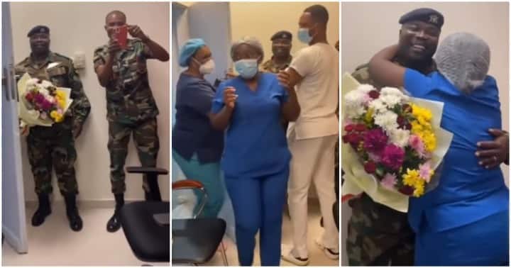 Peeps react as military husband surprises nurse wife at work.