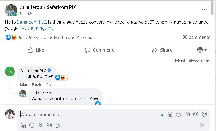 Safaricom declined Julia Jerop's request to convert Okoa Jahazi to cash.