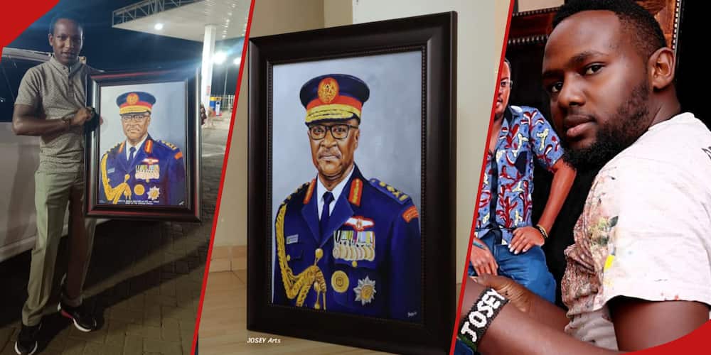Collage of Joseph Maina showcasing the painting he made for CDF Francis Ogolla.