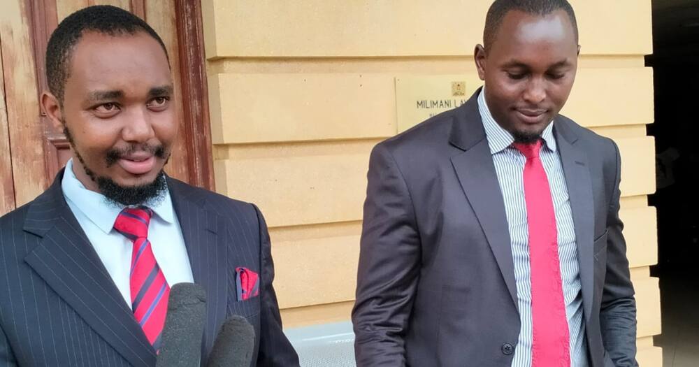 Lawyers Vincent Yegon and Felix Kiprono at the Milimani law Courts after filing the case.