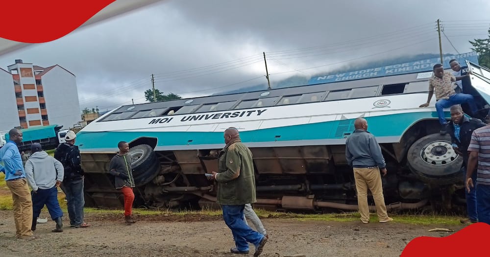 Ill-fated Moi University bus on the ground.