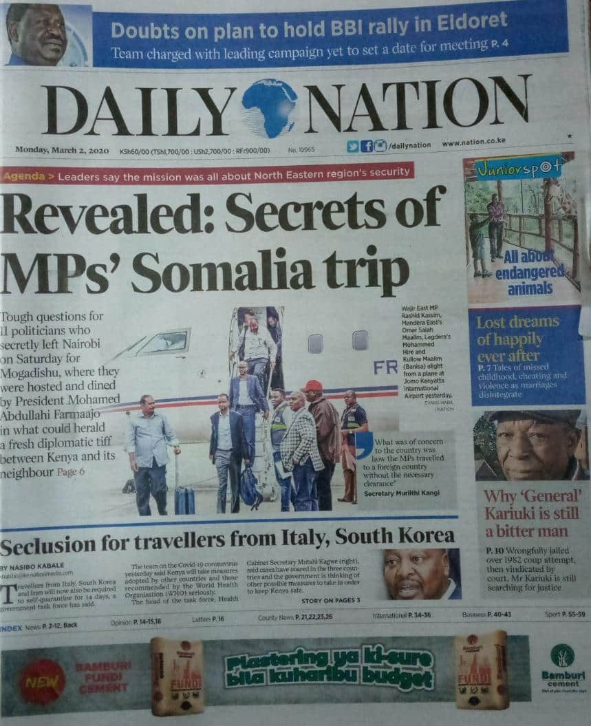 Kenyan newspapers review for March 2: 11 MPs on secret visit to Somalia stare at treason charges