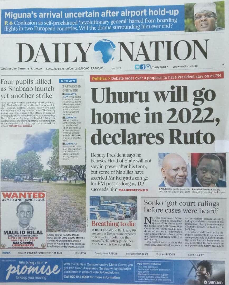 Kenyan newspapers review for January 8: Ruto, Raila to battle over control of Council of Governors ahead of elections