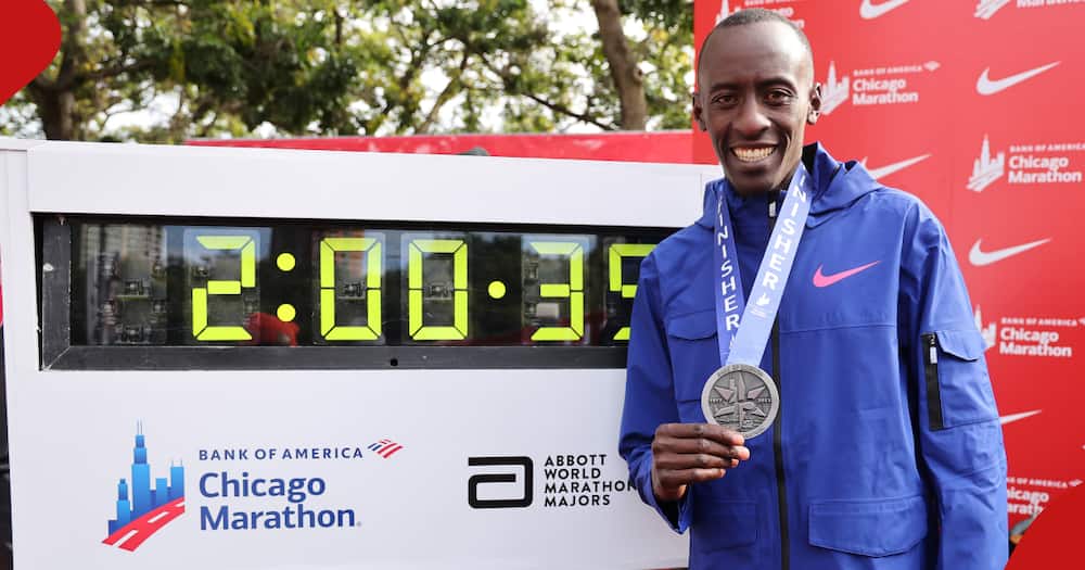 The late Kelvin Kiptum after winning the Chicago Marathon in 2023.