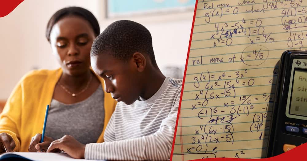 Woman helping her son do her homework (l). Photo of algebra assignment (r).