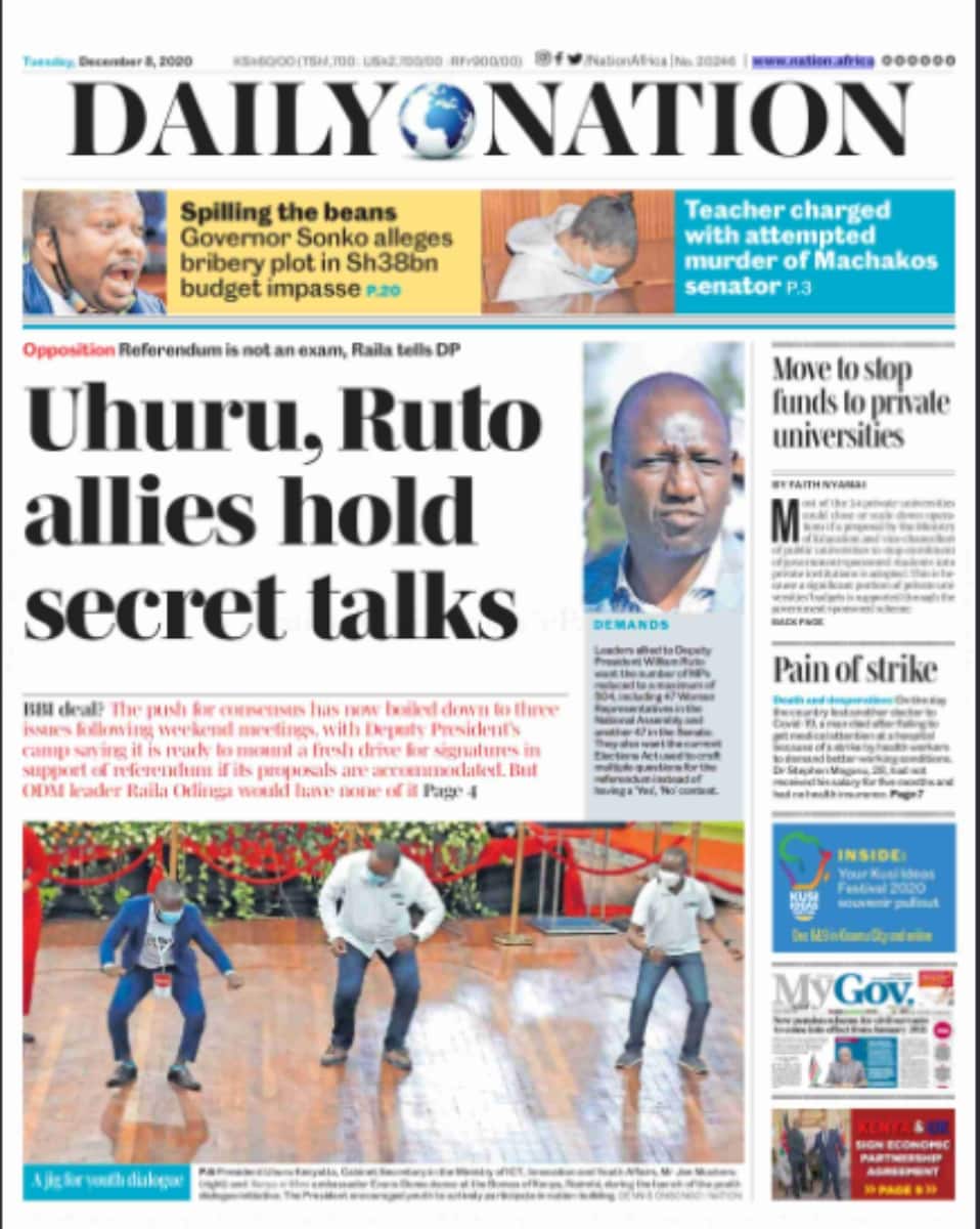 Kenyan newspapers review for December 8: Ruto offers to collect fresh BBI signatures in ongoing talks with Uhuru