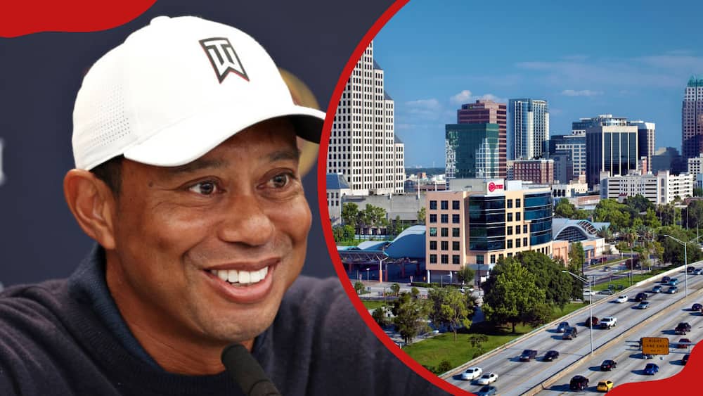 A collage of Tiger Woods of The United States during an interview and the skyline of downtown Orlando rises above the traffic