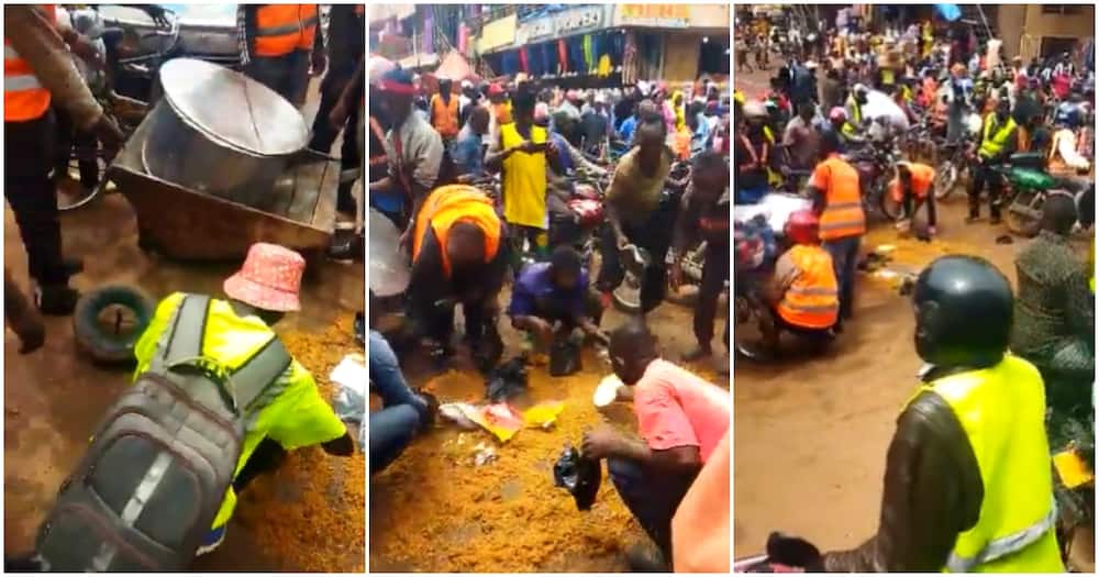 People scrambling for spilt pilau. Photo: Daily Monitor.