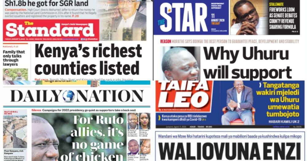 Kenyan newspapers review for August 11: Meru, Nyeri and Kirinyaga listed among Kenya's richest counties after Nairobi