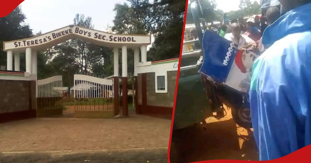 Collage of St Teresa Bikeke school gate and the accident scene.