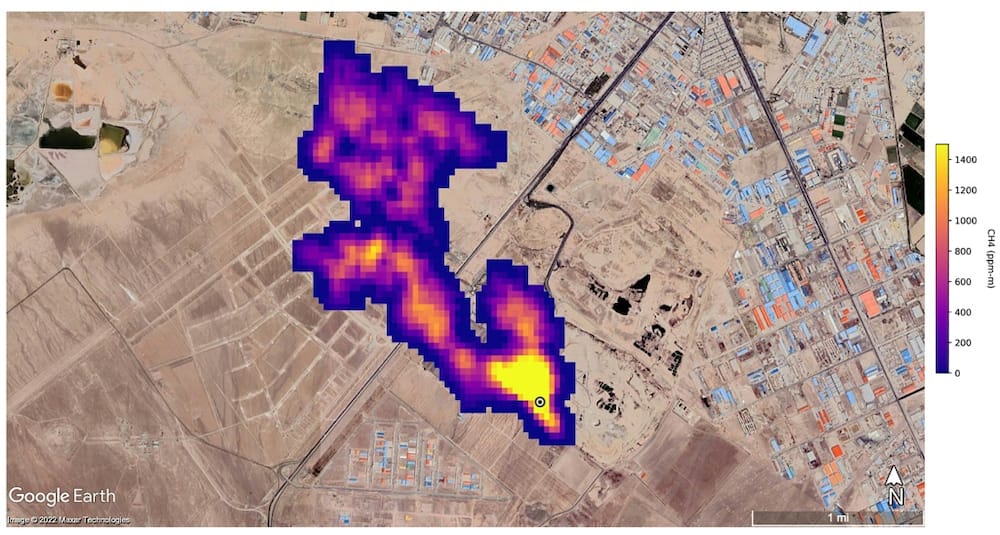 This handout satelliste image courtesy of NASA/JPL-Caltech shows a methane plume at least 3 miles (4.8 kiloemtres) long detected by NASA's Earth Surface Mineral Dust Source Investigation mission