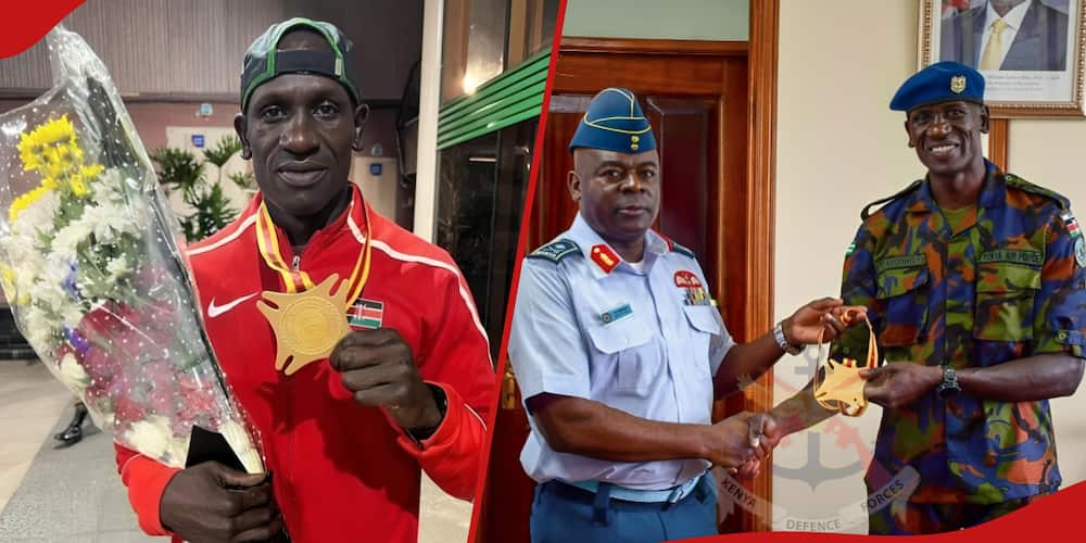 Left: Edwin Okong'o displays the medal he won. Right: Major General John Omenda congratulates Okong'o on his feat.