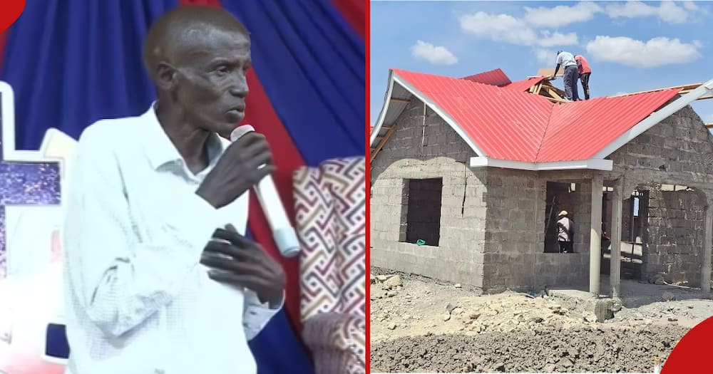 Kiambu father, Njoroge, battling cancer giving a testimony (l). Njoroge's house built by the church (r).
