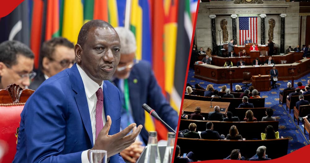 William Ruto speaking during International Development Association (IDA21) Replenishment Summit at KICC and a pcture of a proceedings at the US congress.
