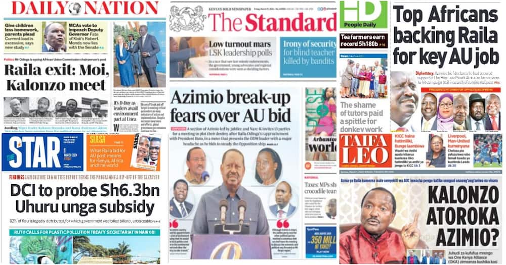 Kenyan newspaper headlines on Friday, March 1.