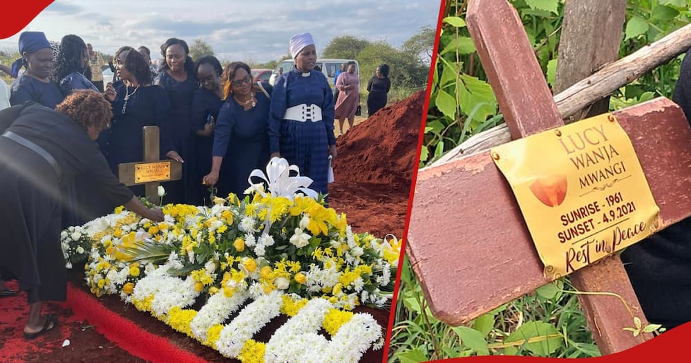 Lucy Wanja's new place of rest and next frame shows the old cross used for her grave.
