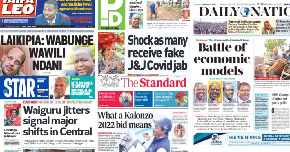 Kenyan newspapers. Photo: Screengrabs from The Standard, Daily Nation, The Star, People Daily and Taifa Leo.