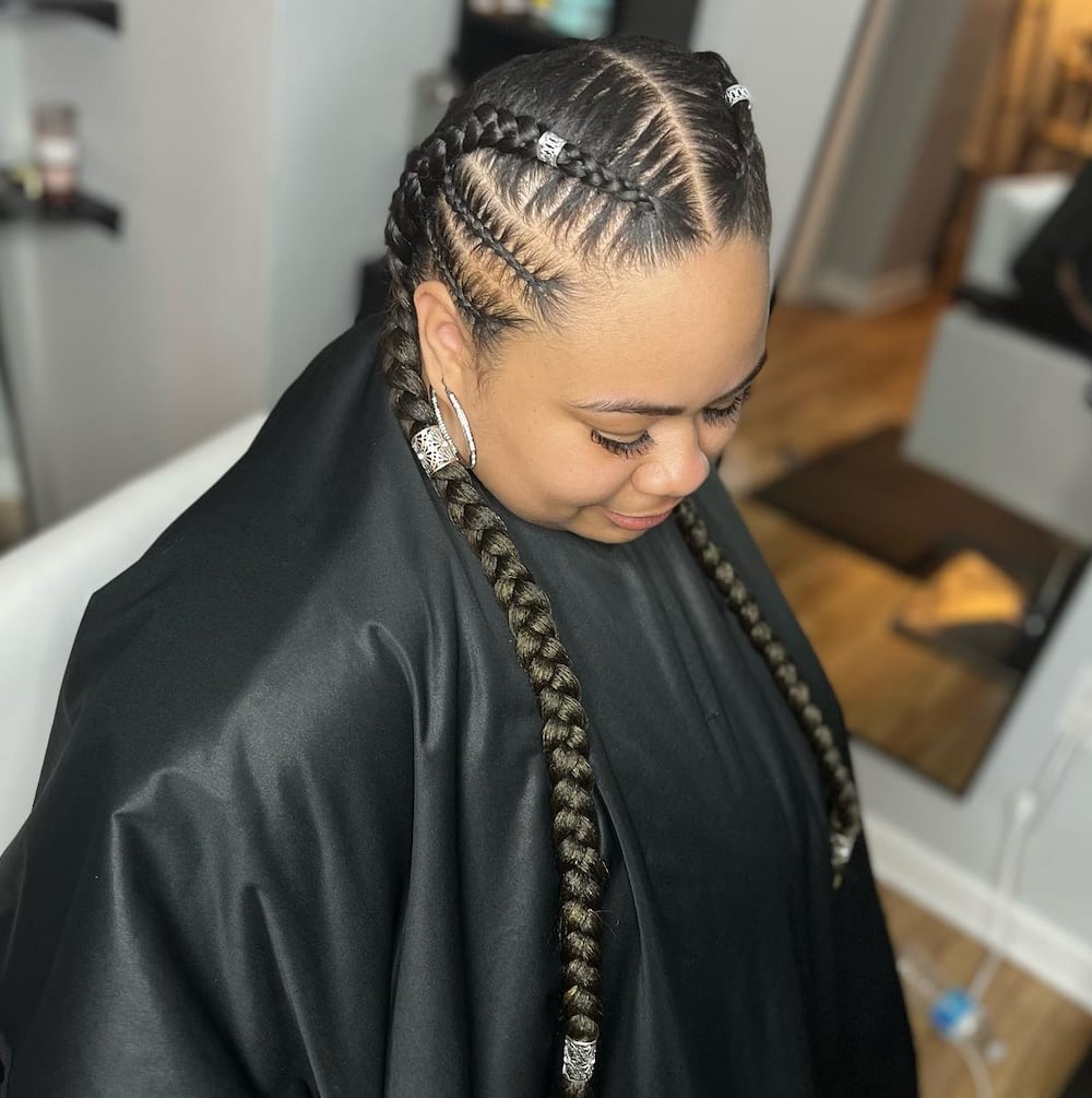2 feed-in braids with designs