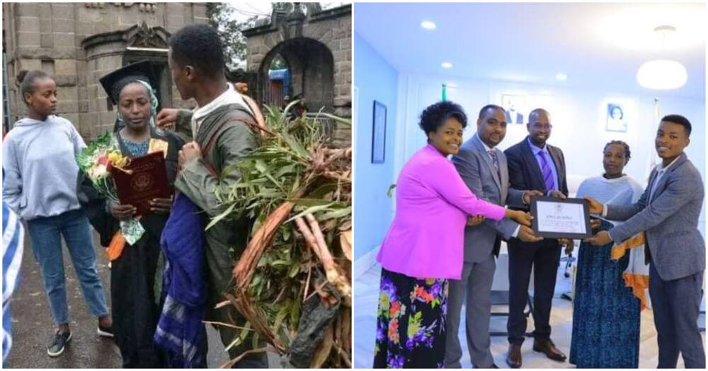 Ephraim Belete and his mum (l). Belete receives job opportunity (r).