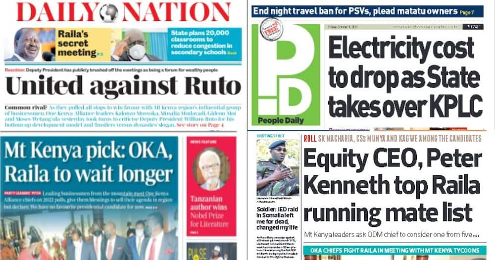 Kenyan Newspapers Review for October 8: Mt Kenya Tycoons Shortlist 6 Potential Running Mates for Raila