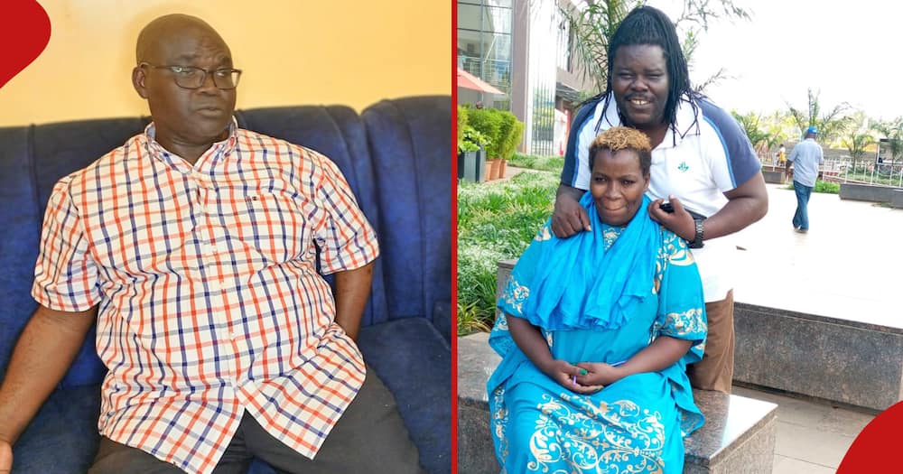 Actor Ondiek Nyuka Kwota (l) appeals for continued support for Alphonse Makokha after wife Purity Wambui's passing.