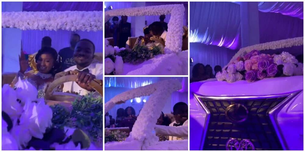 Social media gush as couple use big white car cake for their wedding. Photo: Screengrabs from video shared by @live_weddings-with_kwaku.