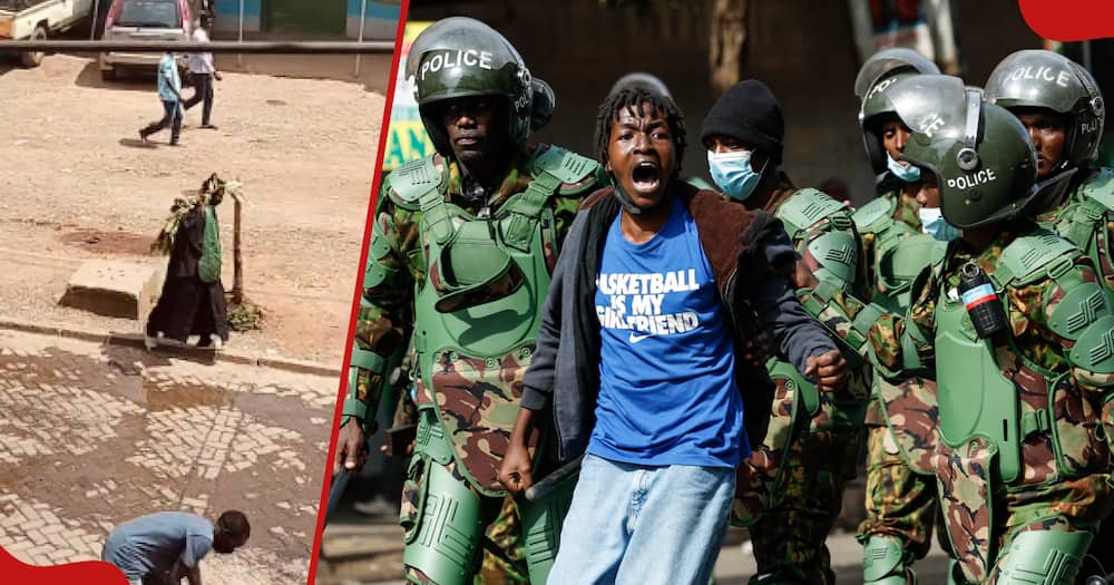 Kisii man in graduation gown during protests (l). A man detained by anti-riot police officers during Finance Bill 2024 protests (r).