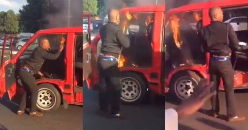 Eish: Mzansi reacts to man attempting to blow out flames in taxi