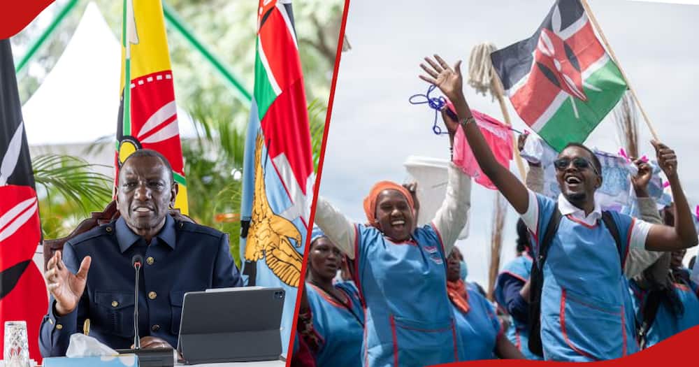 President William Ruto on left frame. Right frame shows workers marching with banners during Labour Day at Uhuru Gardens in Nairobi.