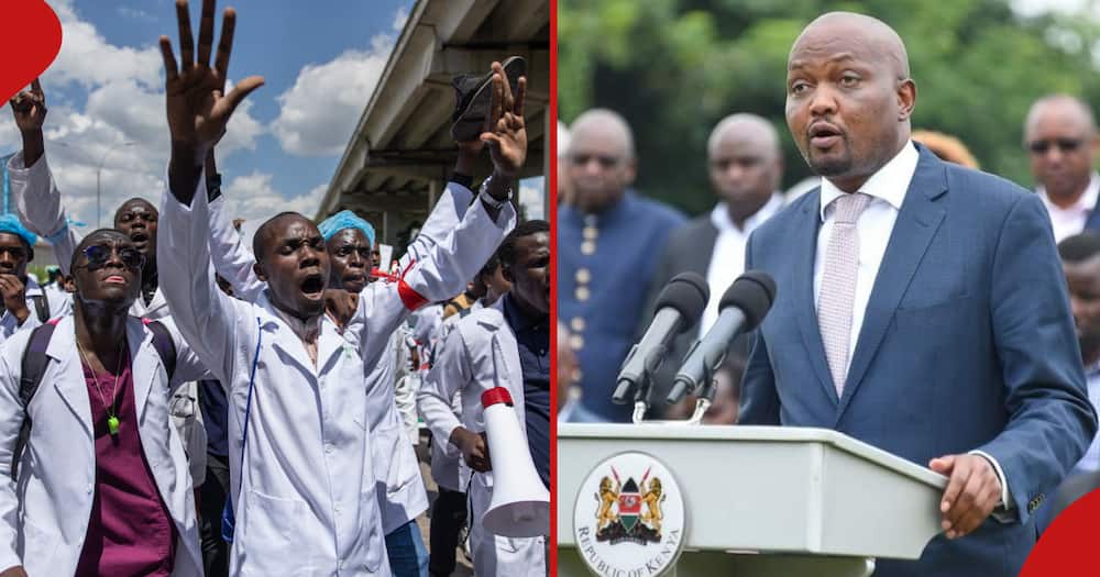 A collage of striking doctors (l) and Public Service CS Moses Kuria (r)