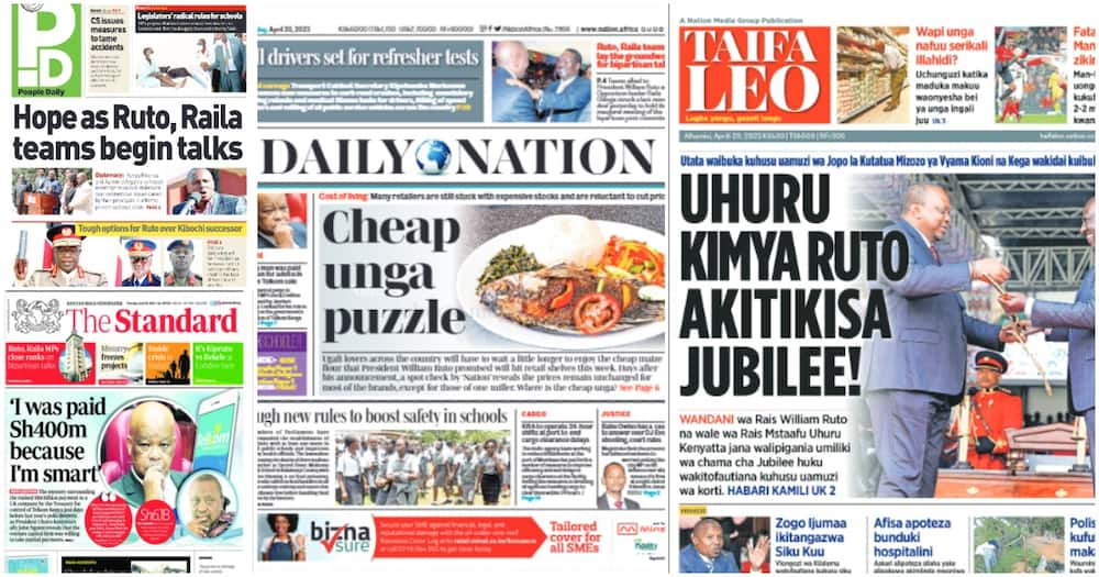 Newspapers. Photo: Screengrabs from The Standard, Daily Nation, People Daily and Taifa Leo.