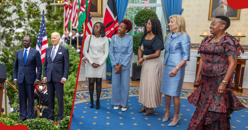 William Ruto with Joe Biden (l), Rachel Ruto (r) and her three daughters pose for a photo with US First Lady Jill Biden.