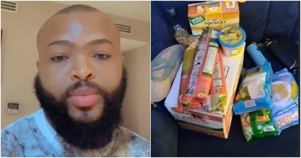 Man shows foodstuffs lady who slept over at his place stole from him.