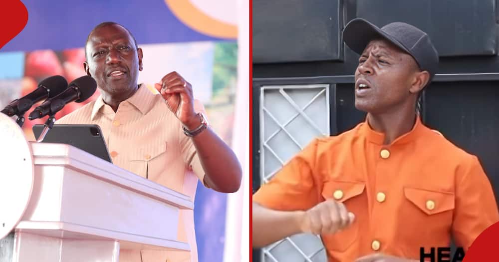 President William Ruto speaking during the official opening of the Second Homa Bay County International Investment Conference(left). A screen grab of MC Kibe mimicking president Ruto(right).