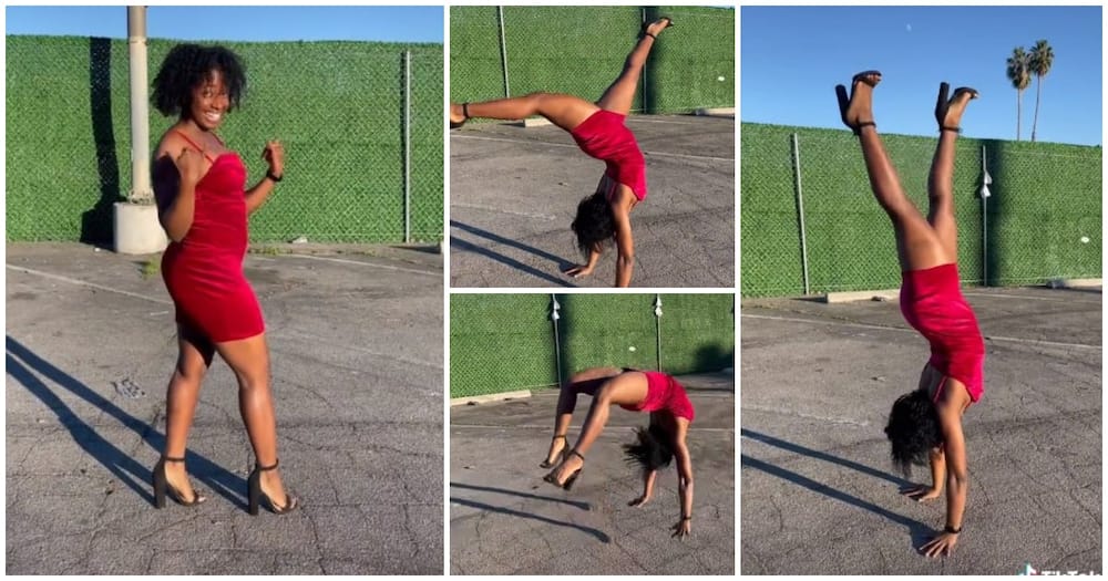 Ayana Taylor, somersault, hand stand, acrobatics in heels, acrobatic in dress and heels, lady in heels acrobatics